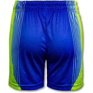 Custom women's sports shorts in bright blue with green accents and a subtle striped design. Features an elastic waistband.