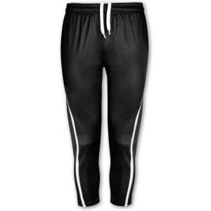 Black women's sports pants with white stripes and an elastic waistband, featuring a logo on the front.