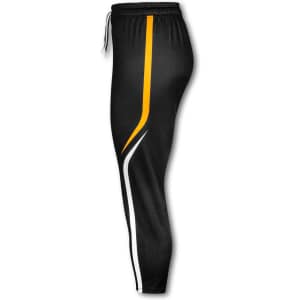 Custom women's sports pants in black with orange and white accents, featuring a logo on the side.