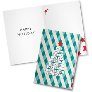 A festive A5 gift card featuring a patterned cover with a Christmas tree design in teal, red, and white. It has an interior with a simple greeting.