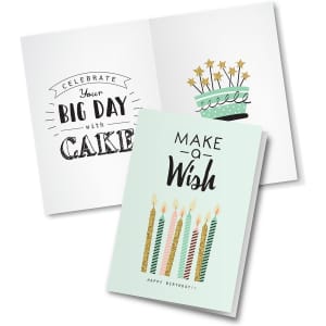 A light green birthday card with candles and cake illustrations, featuring celebratory text inside.