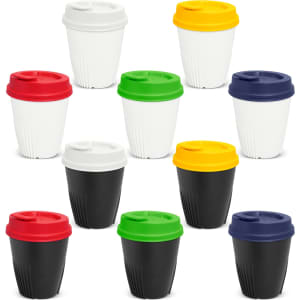 A drink bottle collection featuring white, black, green, red, yellow, and navy blue lids with ribbed bodies.