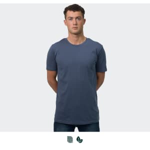 A plain navy blue men's t-shirt with a round neckline, worn by a model standing upright. Features a logo.