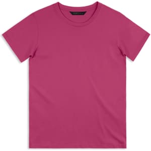 A plain pink men's T-shirt with a round neckline and short sleeves, featuring a logo.