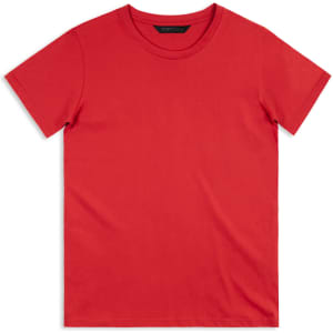 A red men's T-shirt featuring a round neckline and short sleeves. The shirt has a logo on the label.