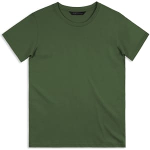 An olive green men's t-shirt with a classic crew neck and short sleeves. It features a logo.