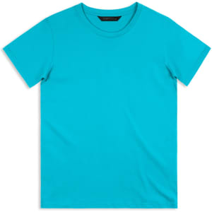 A teal men's T-shirt with a round neck and short sleeves, featuring a logo. Plain design without any patterns.