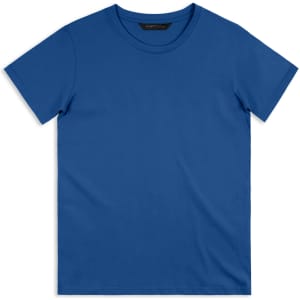 A blue men's t-shirt with a plain design and a round neckline, featuring a logo on the label.