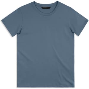 A plain blue men's t-shirt featuring a round neckline and short sleeves, with a logo on the label.