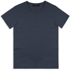 A navy blue men's T-shirt with a round neck and short sleeves, featuring a logo on the label.