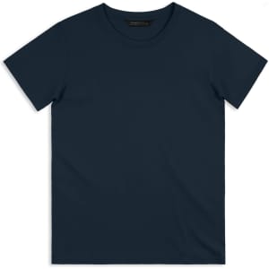 A navy men's T-shirt with a crew neck and short sleeves, featuring a logo.