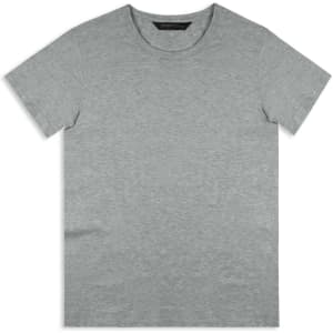 A grey men's T-shirt with a round neckline and short sleeves, featuring a logo on the label.
