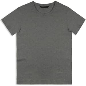 A grey men's t-shirt with a round neck and short sleeves, featuring a logo on the inside.