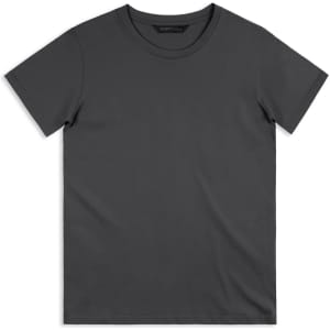 A grey men's T-shirt with a round neckline and short sleeves, featuring a logo on the label.