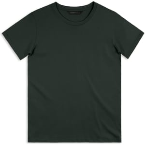 A dark green men's t-shirt with a classic crew neckline and short sleeves. It features a logo on the label.