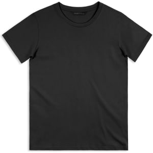 A black men's T-shirt with a simple crew neck and short sleeves, featuring a logo.