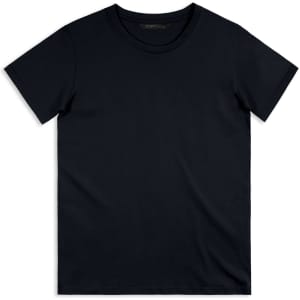 A navy blue men's T-shirt featuring a round neck and short sleeves, with a logo on the label.