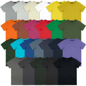 A collection of TRENDSWEAR Original Men's T-Shirts in various colours, including grey, white, yellow, and more.