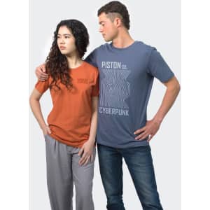 A blue men's T-shirt with a logo, paired with an orange women's T-shirt, both displayed on models.