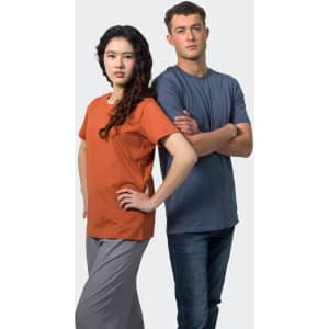 Two models wearing TRENDSWEAR Original Mens T-Shirts; one in orange and the other in blue, posed against a neutral background.