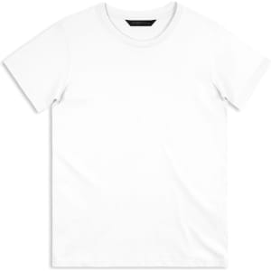 A plain white men's T-shirt featuring a round neck and short sleeves. It has a logo on the inside label.