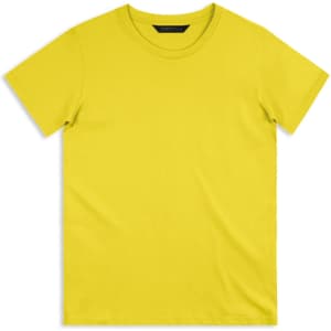 A plain yellow T-shirt with a round neckline and short sleeves, featuring a logo on the tag.