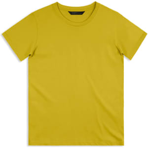 A yellow T-shirt with a round neck and short sleeves, featuring a logo on the label.