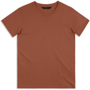 A brown men's T-shirt with a classic crew neckline and short sleeves, featuring a logo.
