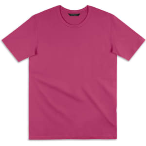 A pink T-shirt with a round neckline and short sleeves, featuring a logo on the label.
