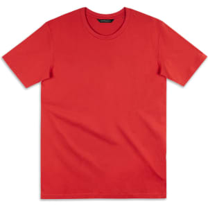 A red T-shirt featuring a round neckline and short sleeves, with a logo on the tag.