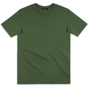 A plain olive green T-shirt with a crew neckline and short sleeves. It features a branding logo on the neck.
