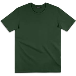 A green T-shirt with a round neckline and short sleeves, featuring a logo on the neckline.