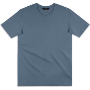 A blue women's T-shirt with a round neckline and short sleeves, featuring a logo on the collar.