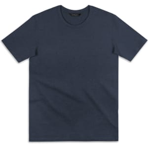 A navy blue women's t-shirt with a classic crew neckline and short sleeves. It features a logo on the neckline.