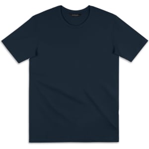 A plain navy blue women's T-shirt featuring a round neckline and short sleeves, with a branding logo.