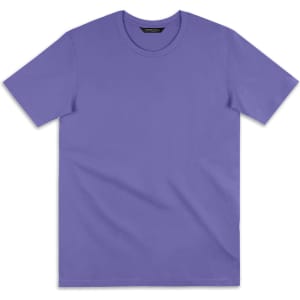 A purple women's t-shirt with a classic crew neck and short sleeves, featuring a simple design and branding.
