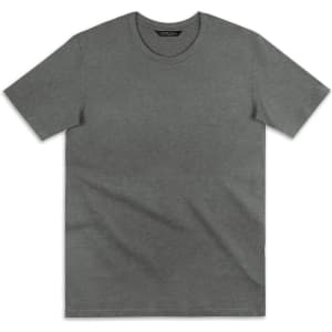 A grey t-shirt featuring a round neckline and short sleeves, with a logo in the neckline area.