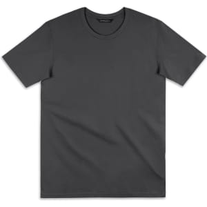 A plain dark grey women's T-shirt with a round neckline and short sleeves. It has a logo on the label.