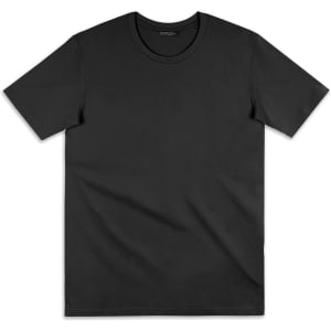 A black women's t-shirt featuring a round neckline and short sleeves, with a logo displayed.