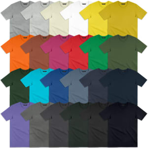 A collection of TRENDSWEAR Original Women's T-Shirts in various colours, including grey, yellow, green, and purple.