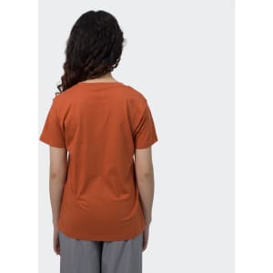 An orange women's T-shirt viewed from the back, featuring a simple design and short sleeves.