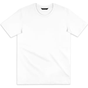 A plain white women's T-shirt with a round neckline and short sleeves, featuring a logo tag.