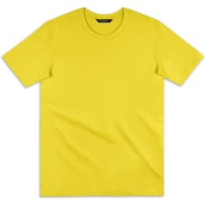 A bright yellow women's T-shirt with a round neckline and short sleeves. It features a logo.