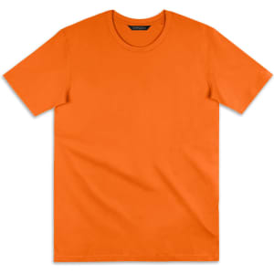 An orange TRENDSWEAR women's T-shirt with a round neck and short sleeves, featuring a logo.