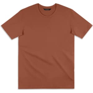 A plain, rust-coloured T-shirt with short sleeves and a round neck. It features a logo on the label.