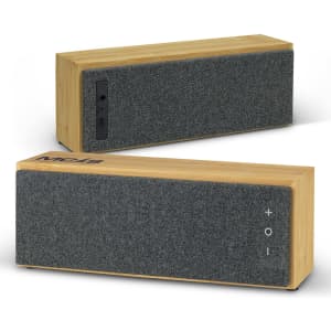 A bamboo Bluetooth speaker with a grey fabric front and side control panel. It features a logo on the top.