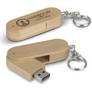 A wooden 8GB flash drive with a keychain attachment, featuring a logo.