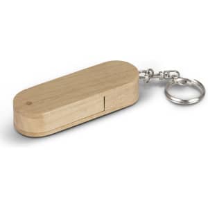 A wooden 8GB flash drive with a smooth finish and silver keychain attachment.