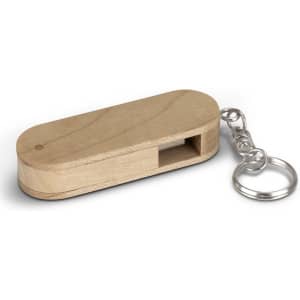A maple wood 8GB flash drive with a keychain attachment. The design is sleek and minimalist.