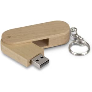A wooden 8GB flash drive with a metal keychain, featuring a smooth natural finish.
